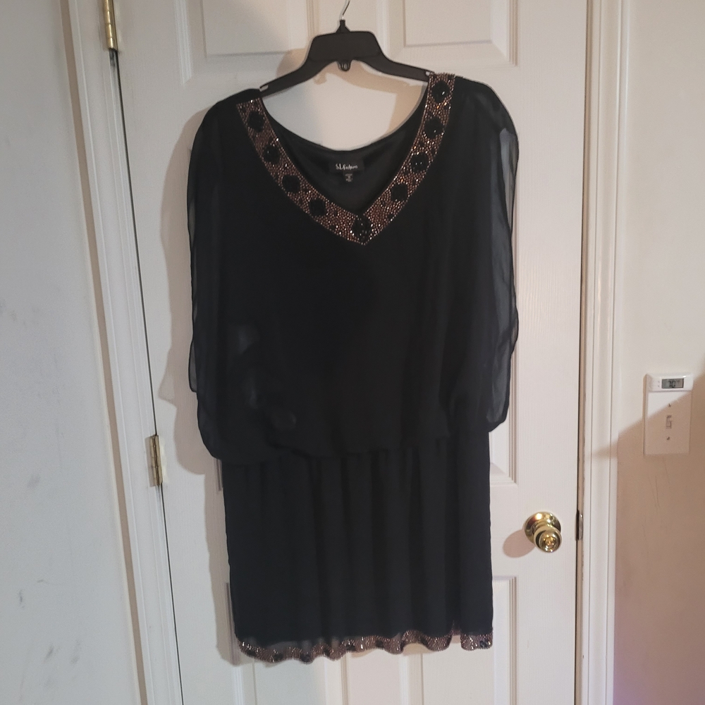 SL Fashions Black Chiffon Blouse with Gold Accents